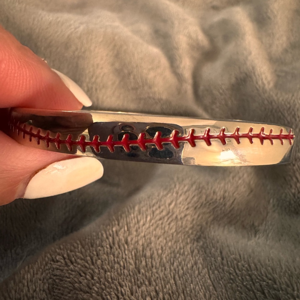 Silver Baseball Stitch Cuff Bracelet Red Seam Sports Jewelry Women One Size